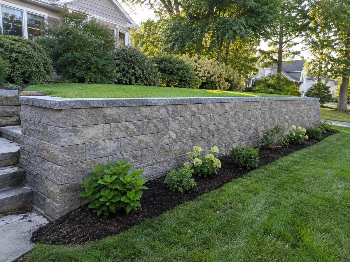 Example of a landscaped masonry retaining wall