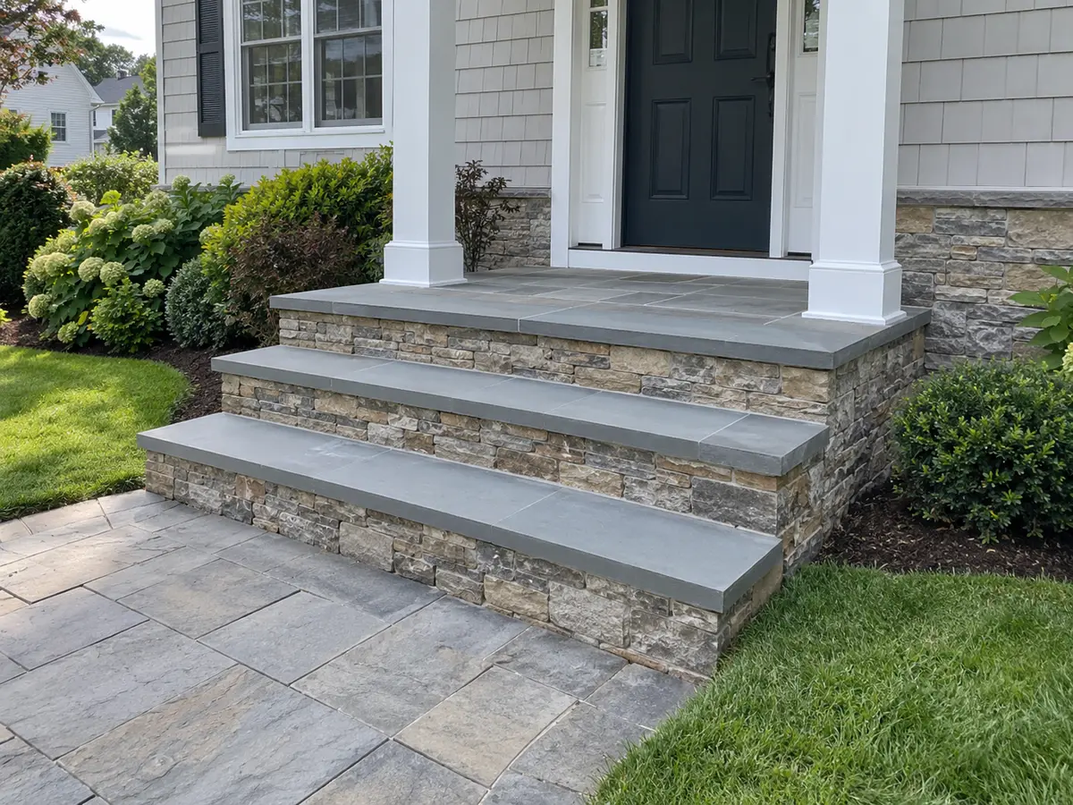 Example of a finished stone front stoop and steps