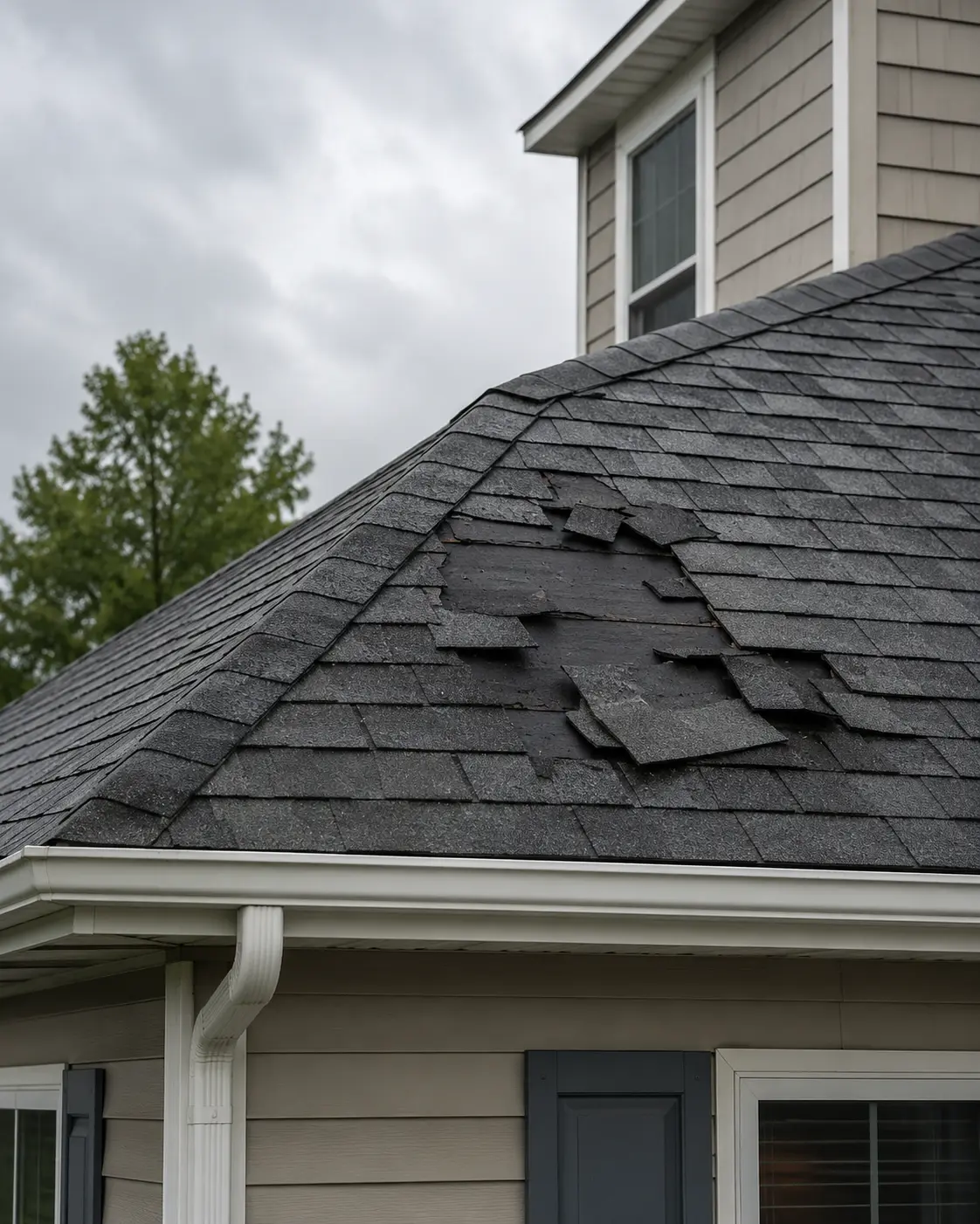Storm-damaged asphalt roof with broken and missing shingles